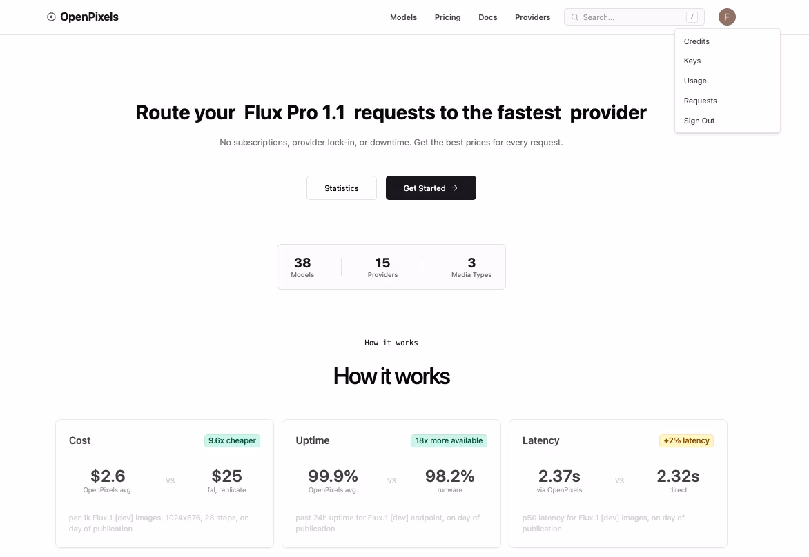 OpenPixels homepage showing provider routing statistics and latency, uptime, and cost comparison cards.