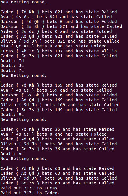Terminal output from a simulated poker hand with betting rounds, dealt cards, folds, calls, raises, and payouts.