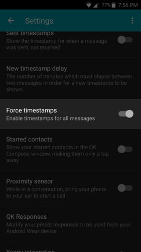QKSMS settings screen with a Force timestamps toggle.
